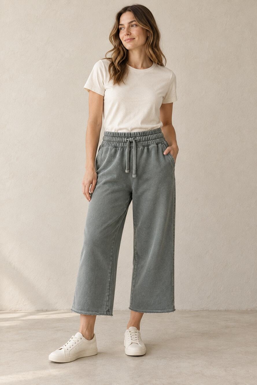 Pact Heirloom Wide-Leg Cropped Sweatpants Organic Cotton Green XS